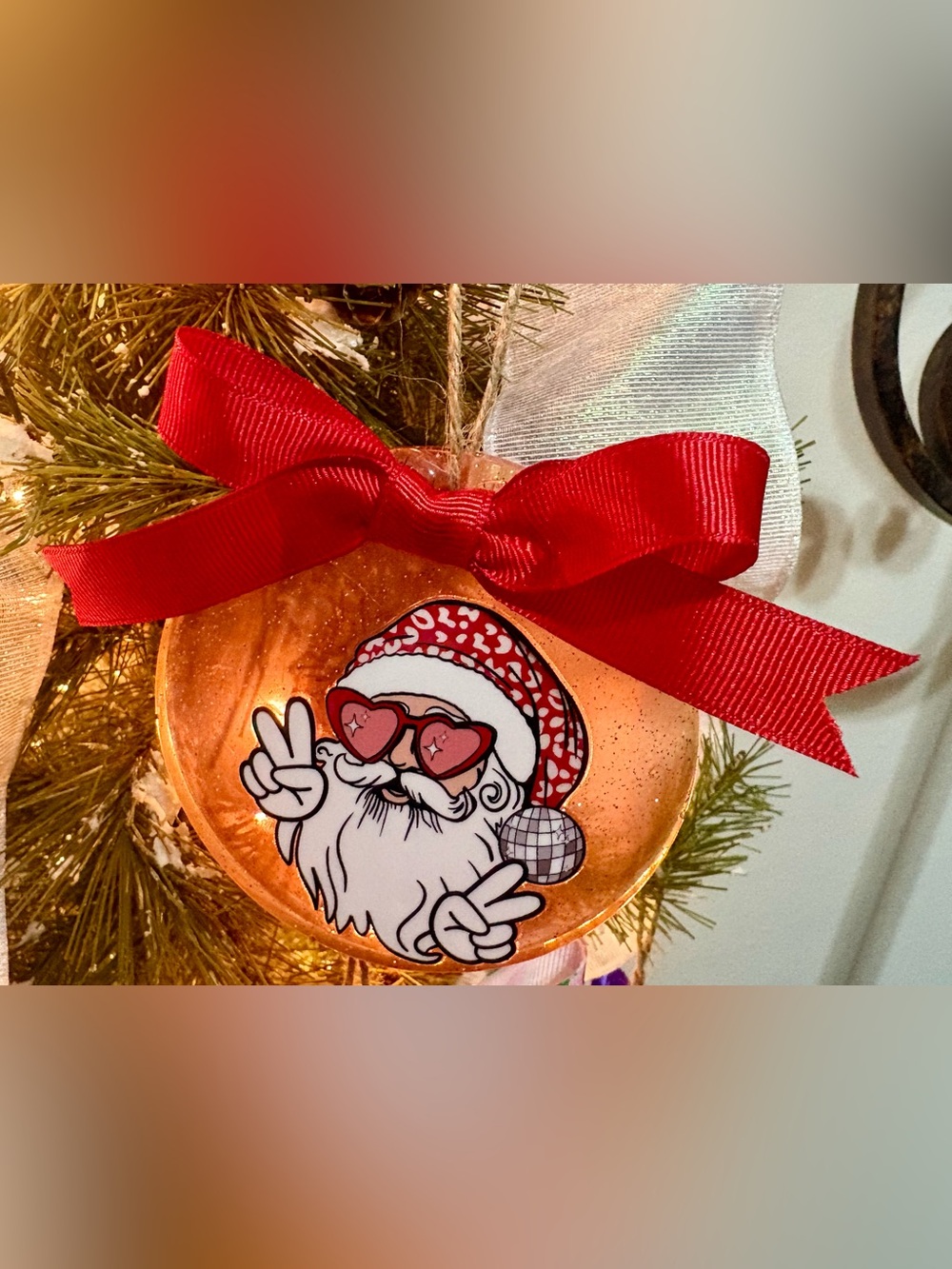 Festive Santa Peace Ornament with Red Bow